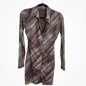 Motel Rocks Brown Mesh Abstract Print Dress Size S Sheer Sleeve Bodycon Rocker